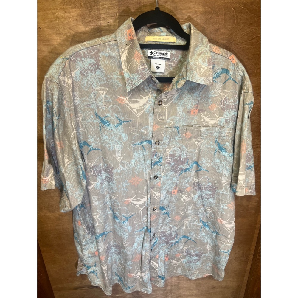 Columbia River Lodge Mens XL Tan Blue Tropical Martini Marlin Camp Shirt XL